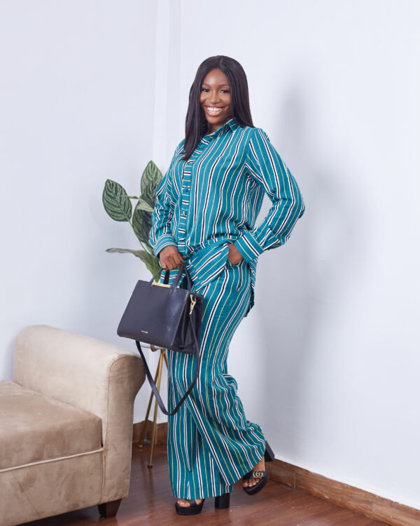 TIMELESS GREEN STRIPE PATTERENED LONG SLEEVED LINEN 2 PIECE PANT SET