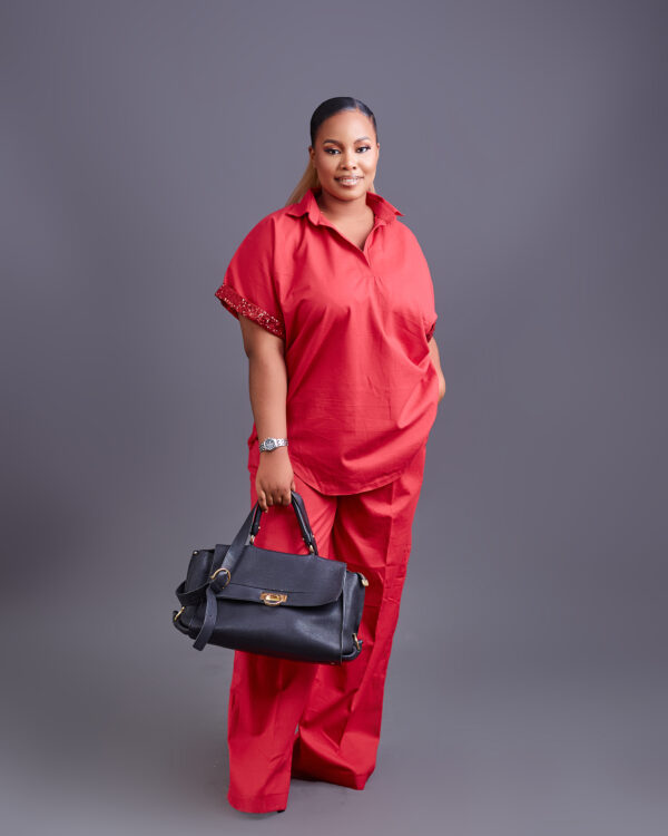 TIMELESS RED SEQUINNED SLEEVED LINEN 2 PIECE PANT SET
