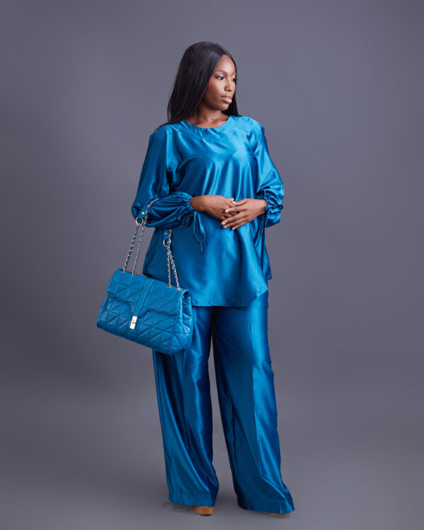 TIMELESS TEAL BLUE SILK LONG SLEEVED 2 PIECE PANT SET