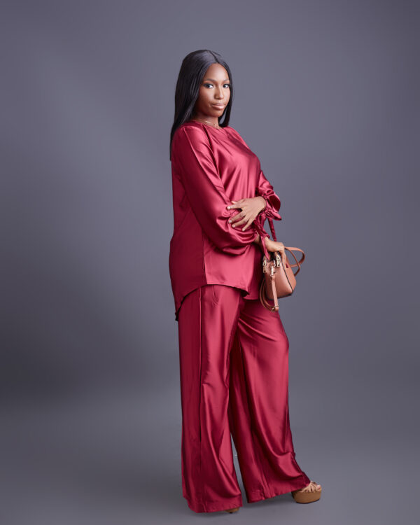 TIMELESS BURGUNDY SILK LONG SLEEVED 2 PIECE PANT SET