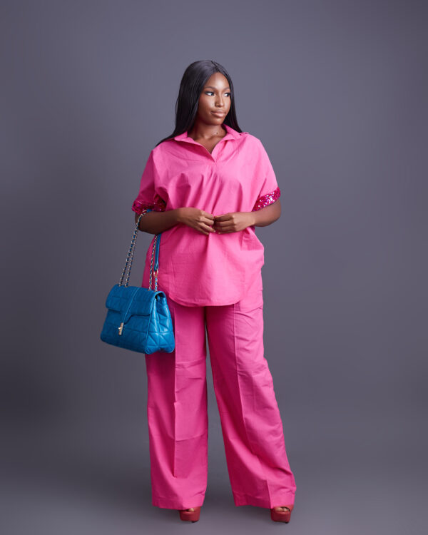TIMELESS FUSCHIA SEQUINNED SLEEVED LINEN 2 PIECE PANT SET