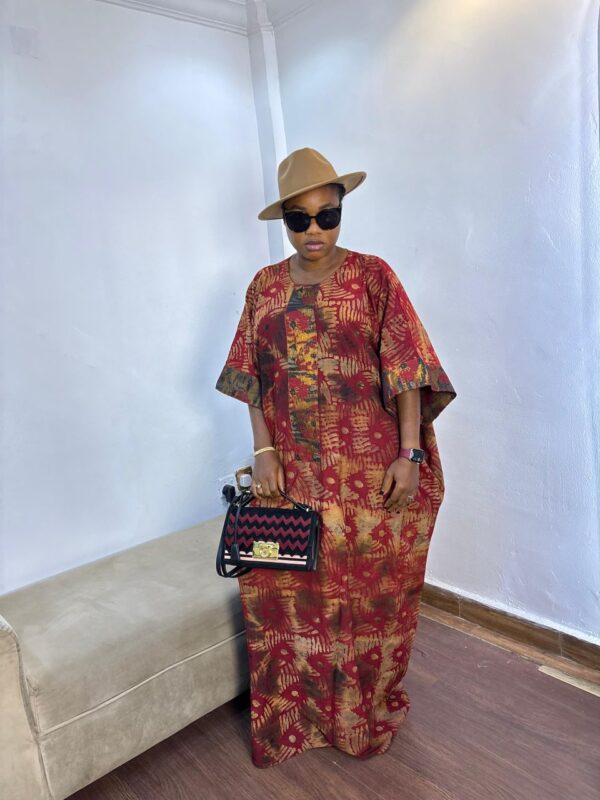 TIMELESS MAROON STROKES ADIRE OGA WIFE DAMASK DRESS | ONE SIZE