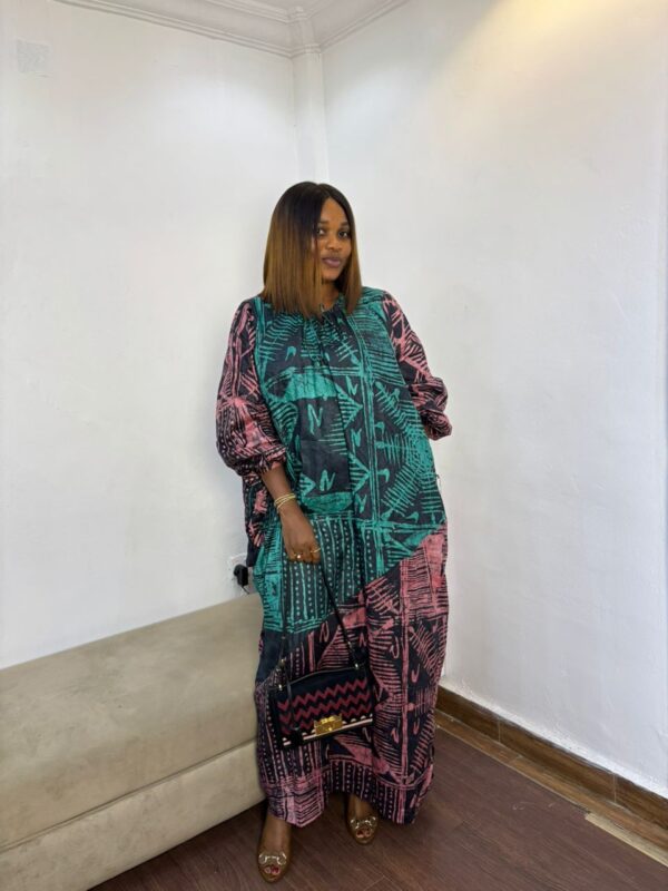 TIMELESS PEACH GREEN TWO TONE DRAWSTRING ADIRE DRESS | ONE SIZE