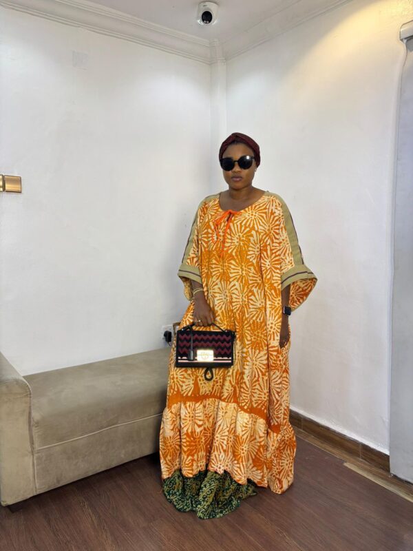 TIMELESS ORANGE COOKIES ADIRE LAYERED MAXI ASOOKE DRESS | ONE SIZE