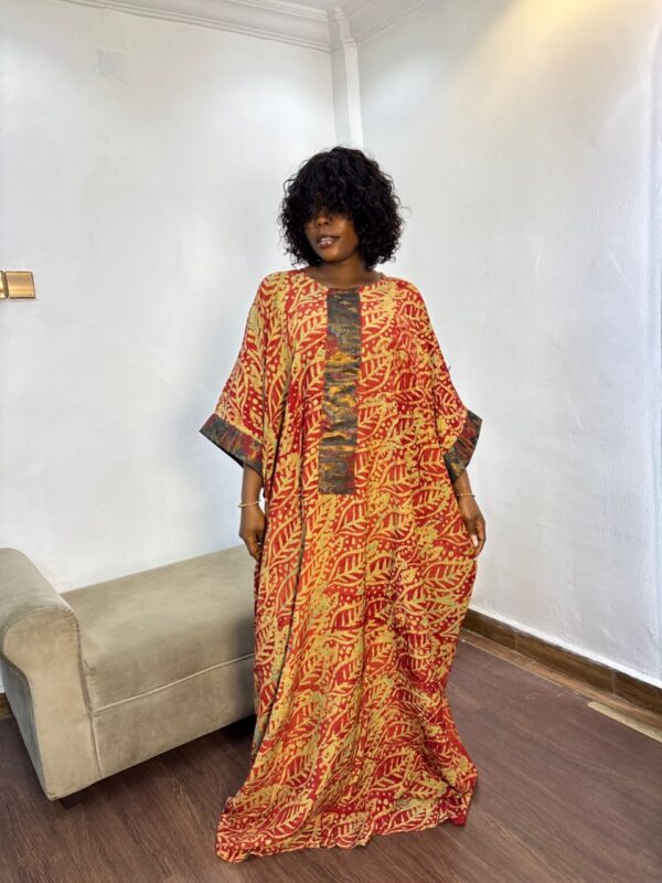 TIMELESS MAROON LEAVES ADIRE OGA WIFE DAMASK DRESS | ONE SIZE