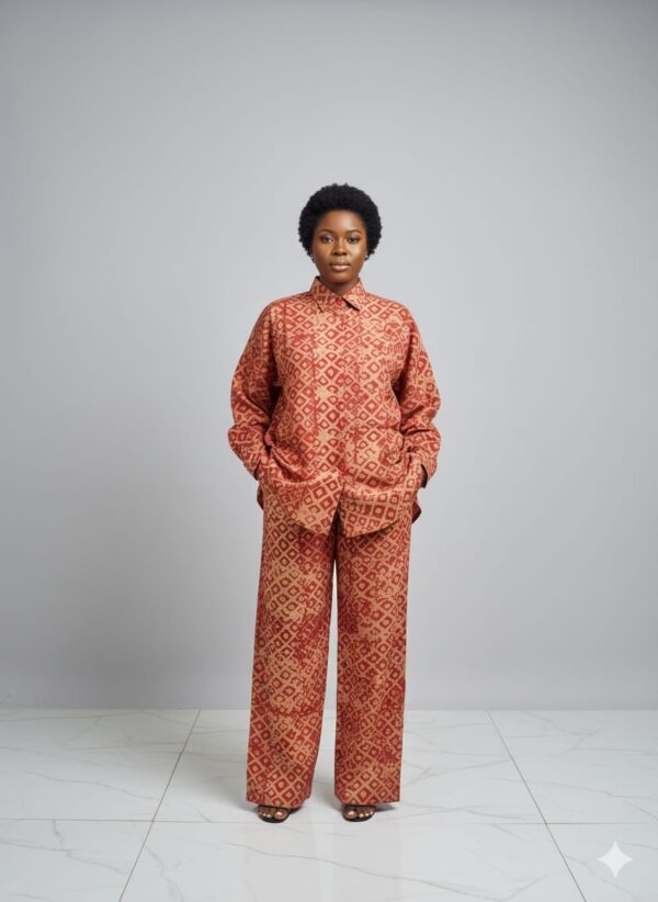 TIMELESS MAROON PARALLEL DOTS ADIRE BUTTON DOWN TWO-PIECE