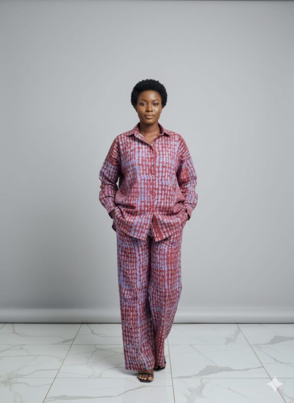 TIMELESS MULBERRY GROUNDNUT ADIRE BUTTON DOWN TWO-PIECE