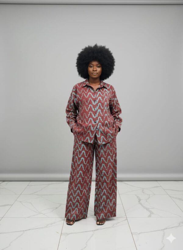 TIMELESS PLUM BLUE WAVES ADIRE BUTTON DOWN TWO-PIECE